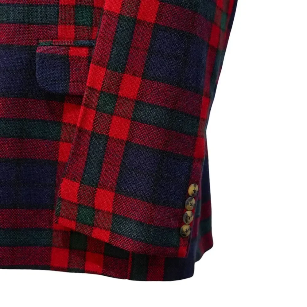 Mens Wool Sport Coat 44R Red Blue Green Tartan Plaid Blazer 2 Button Wedding